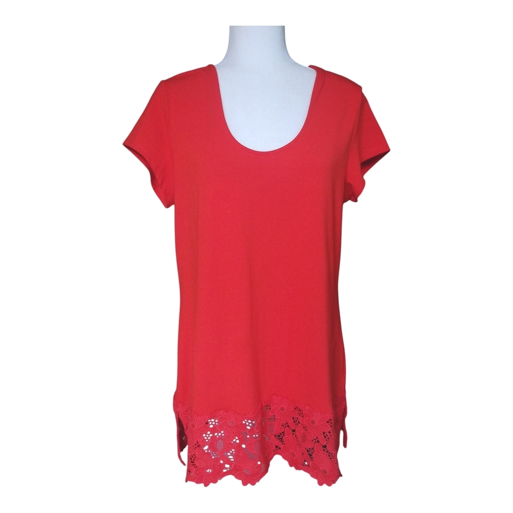 Isaac Mizrahi Scarlet Short Sleeve Tee with Lace Detail
